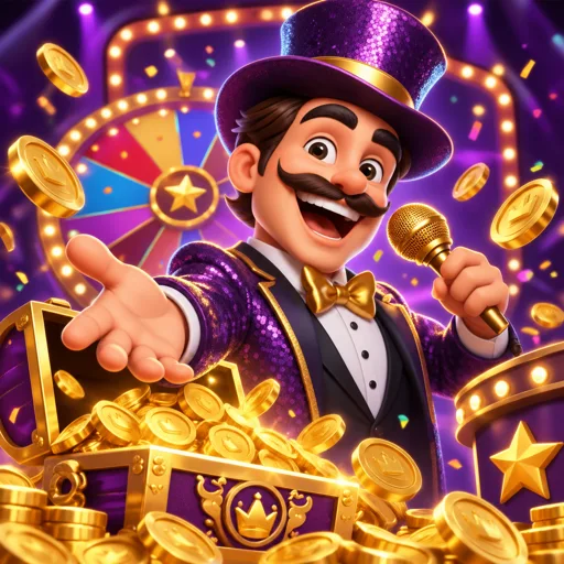 Game show ao vivo com roda de prêmios iluminada em dourado